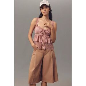 Pilcro Anthropologie Linen Blend Pleated Wide Leg Culotte Pants Tan 30‎ NEW